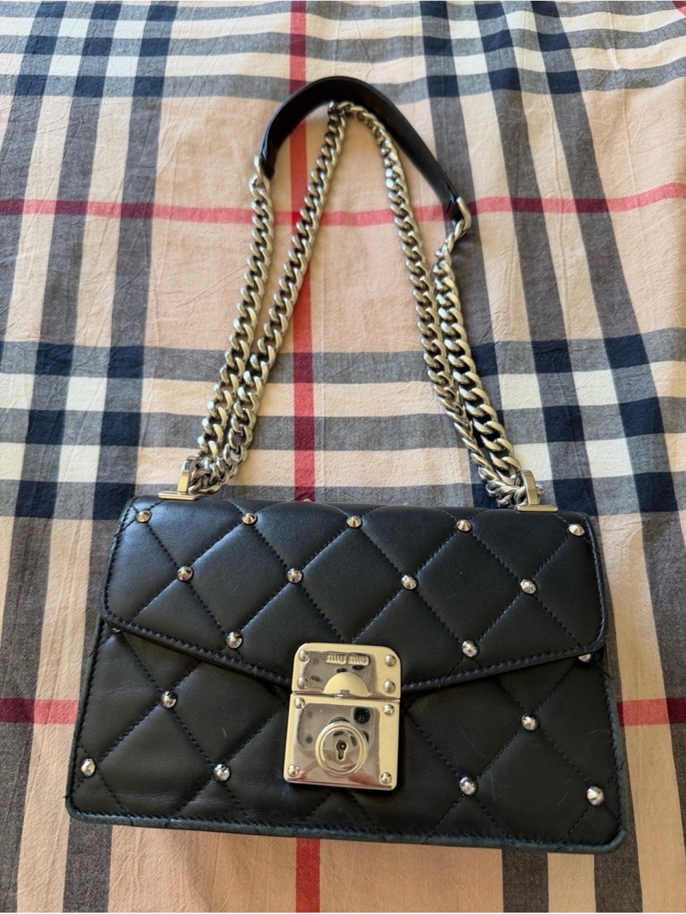 Miu Miu Black Quilted Shoulder Bag with Silver Chain
